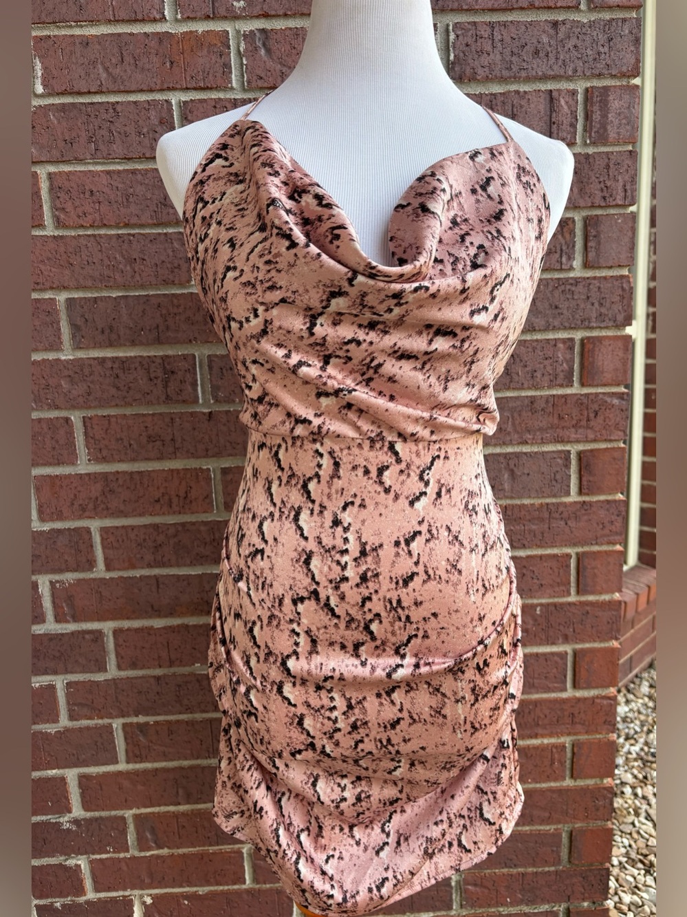 Boohoo Pink Crushed Velvet Cowl Mini Dress with Black Speckle